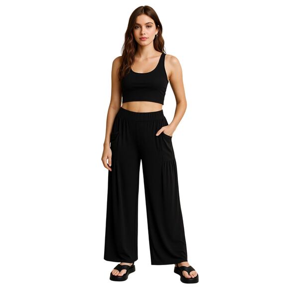 Sea & Anchor Black Wide-Leg Pants Size Large  Pockets Y2K Lounge - Picture 1 of 5